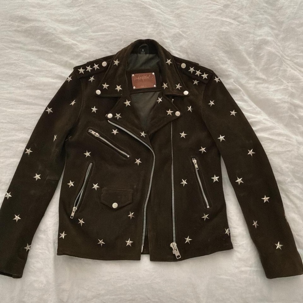 Star-Embellished Suede Moto Jacket - Dark Brown